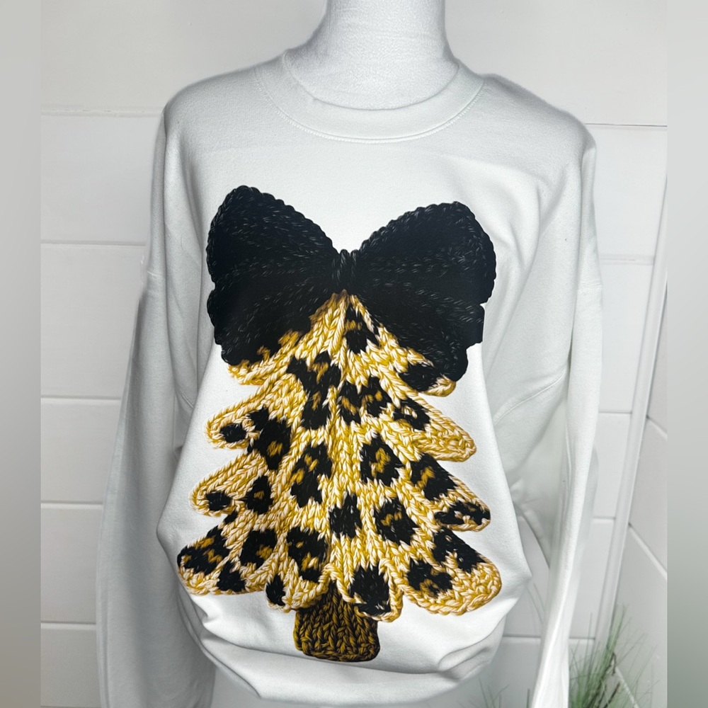 White Christmas Tree Sweater with Black and Gold Leopard Design Faux Yarn
